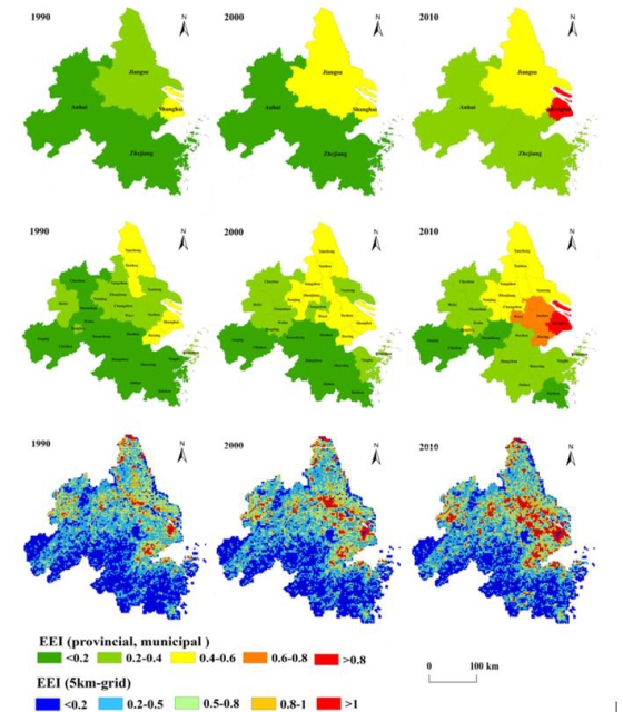 1990-2010年不同尺度下长三角城市群生态侵蚀度时空分布特征